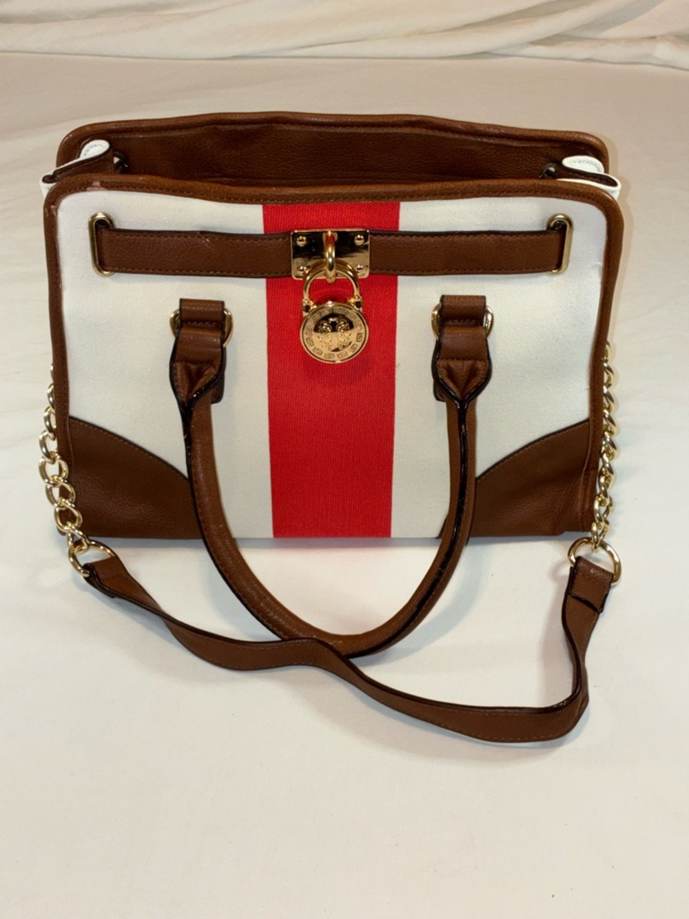 Brown & White Stripe Satchel Handbag with Gold Accent